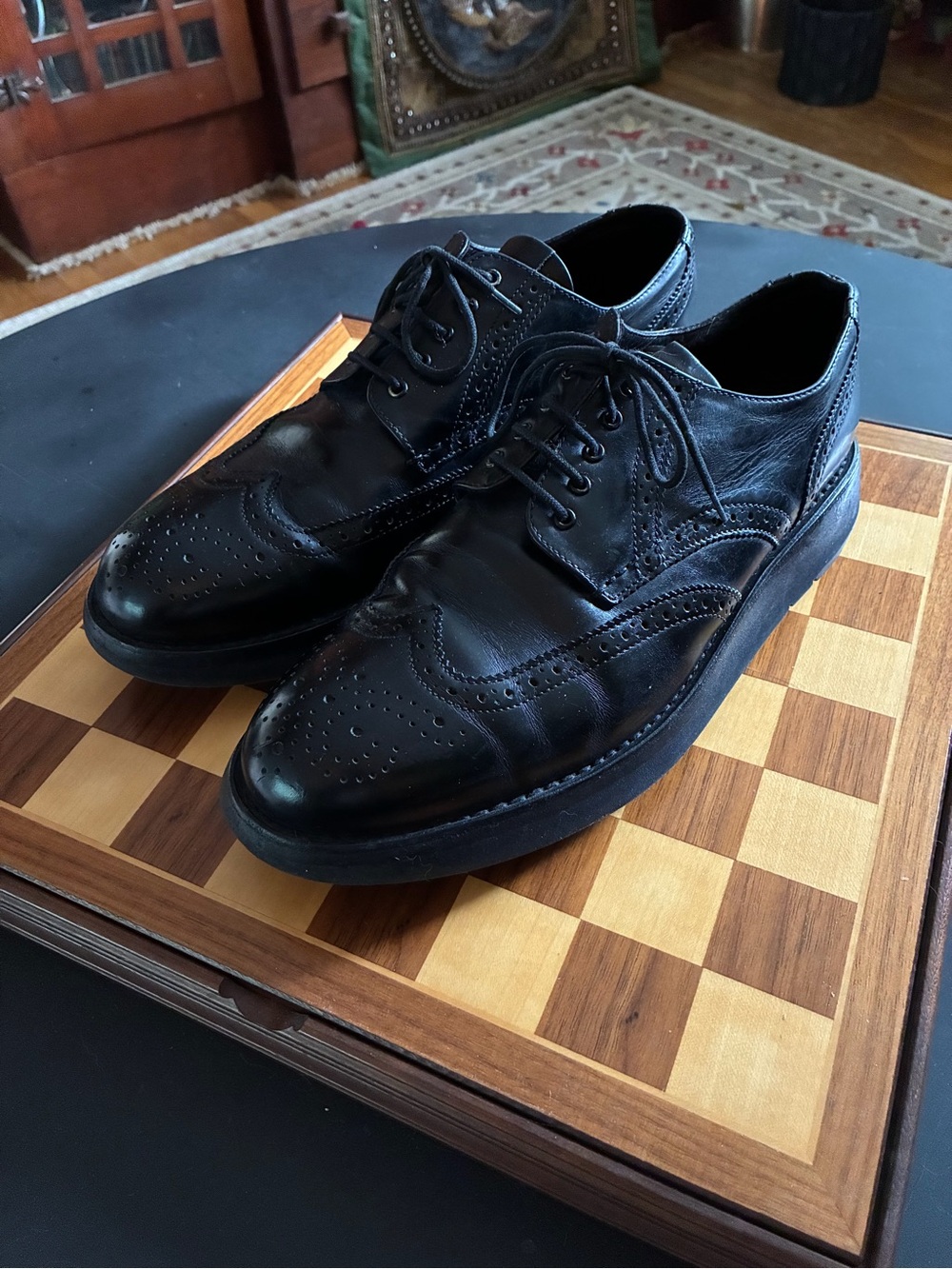 Men's Black Leather Wingtip Derby Shoes - Classic Lace-Up Oxfords